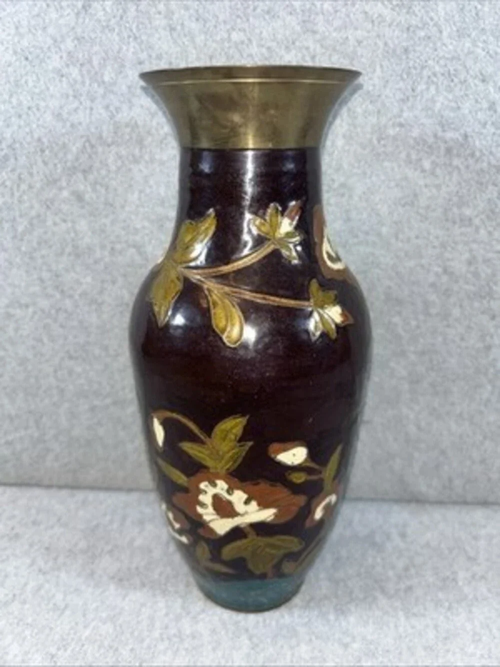 Vintage Brass Vase made in India Brown Floral 10”x 4”